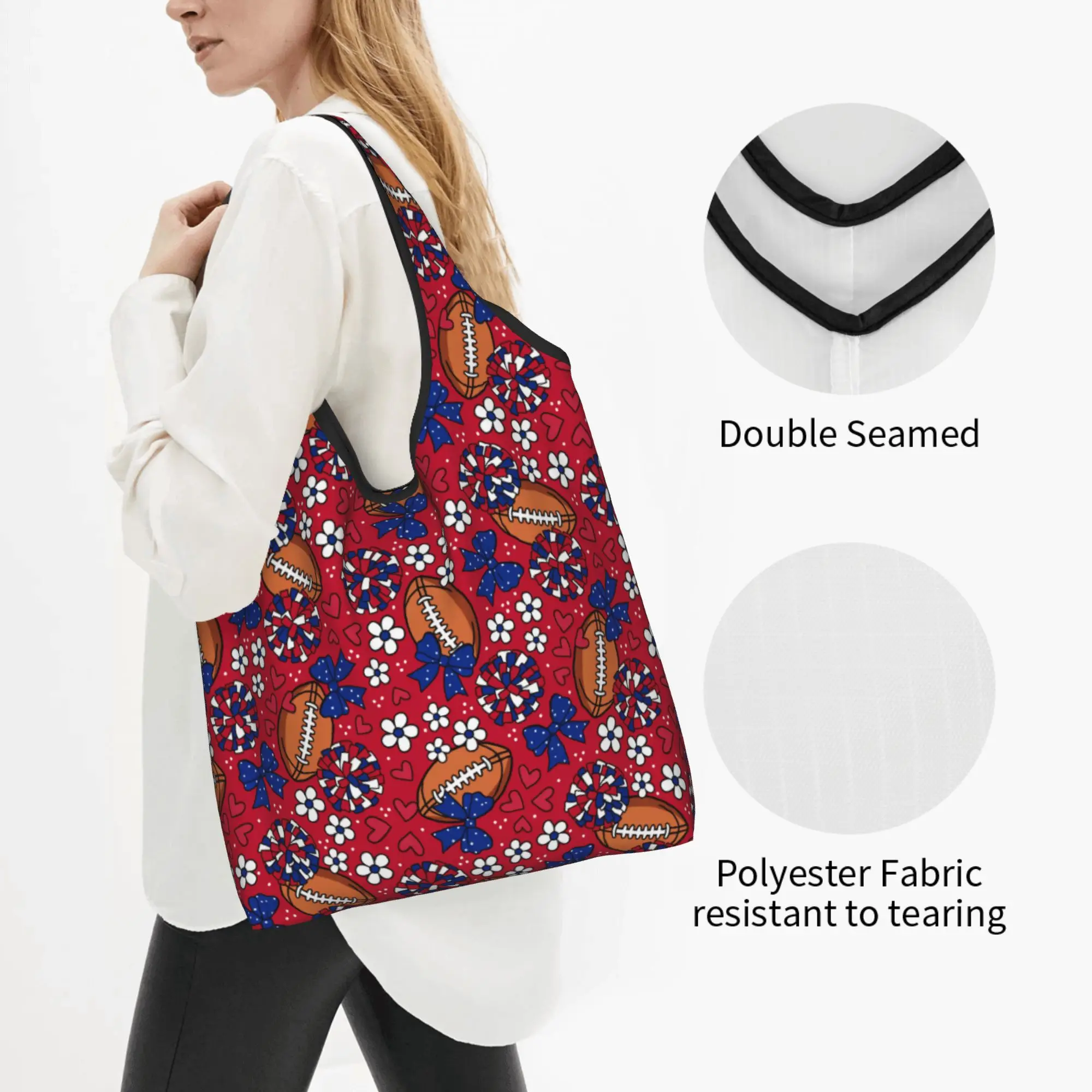 Reusable Football Cheer Bows Rugby Union  Shopping Bag Women Tote Bag Portable Blue And Red Grocery Shopper Bags