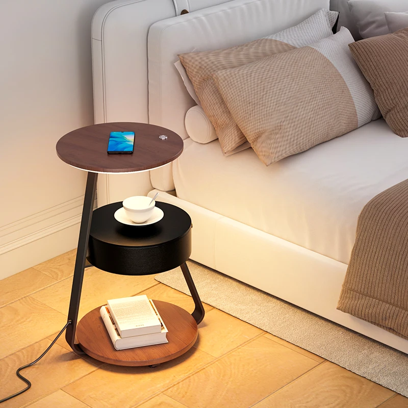 -+-Bedroom Minimalist Nightstands Small Space Round Light Smart Bedside Table With Wireless Charger Nachttisch Library Furniture