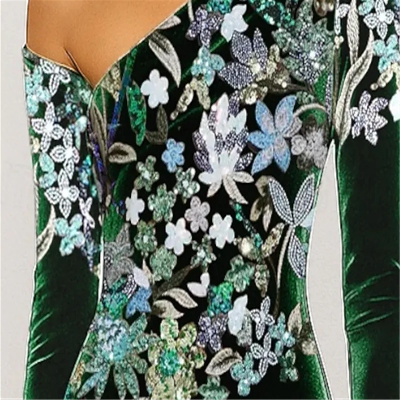 Green Mermaid / Trumpet Evening Gown Elegant Formal Dress Formal Wedding Floor Length Long Sleeve One Shoulder Velvet Customized