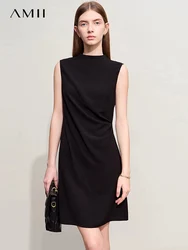 Amii Minimalism 2024 Summer New Sleeveless Small Black Dress Short Slim Half-high Neck Fashion Female Dresses for Women 12452052