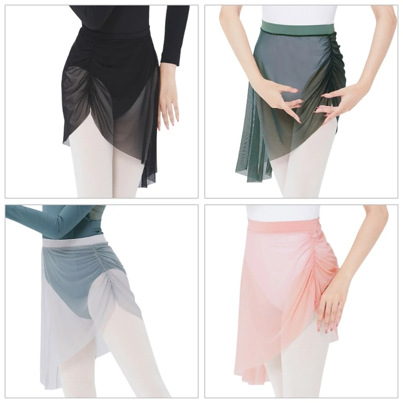 

Women Side Pleated Ruched Ballet Skirt Pull On Elastic Waist Sheer Mesh Wrap Skirt Solid Color Asymmetrical Gymnastic Skirt