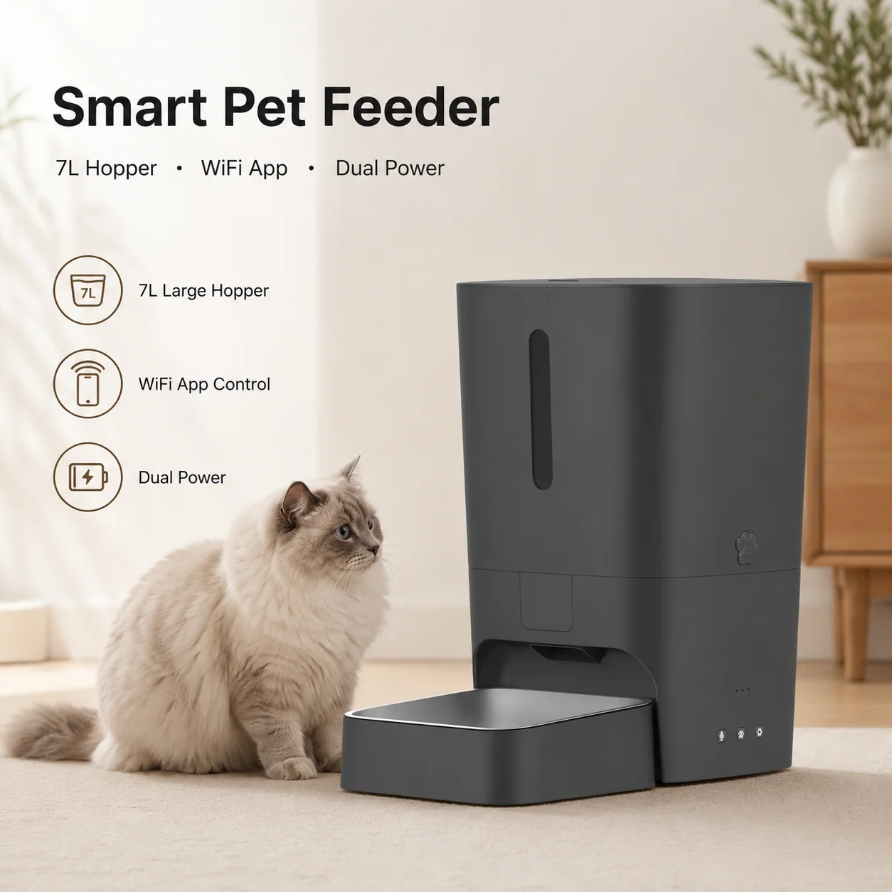 hit productOEM 7L Eco-Friendly Modern Waterproof Smart WiFi App Control Scheduled Portion Feeding Dual Power Charge Automatic Pe