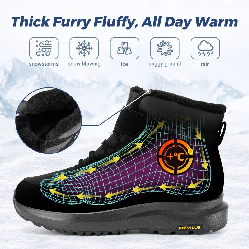 FitVille Mens Winter Boots Wide Fur Lined Snow Boot Non Slip Outdoor Hiking Walking Shoes Water Resistant for swollen feet