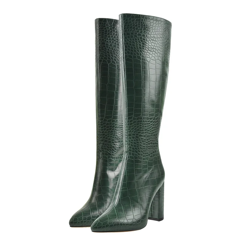 Onlymaker Women Green Knee High Boots Pointed Toe Western Cowboy Boots Wide Calf Block Heel Pull-On Cowgirl Booties