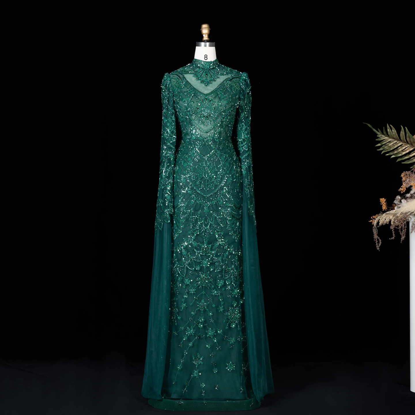 Sharon Said Abendkleider Luxuriöses Meerjungfrauenkleid aus grünem Tüll mit Perlen, transparentem Korsett und hohem Kragen, Dubai Formelles Partykleid SS017 Maßanfertigung – Detail 5