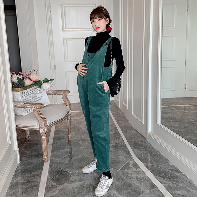 Koreanische Art Herbst Schwangerschaft Hosen Anzüge plus Größe grüne Overalls Langarm Roll kragen Top Twinset Preppy Style Kleidung Sets