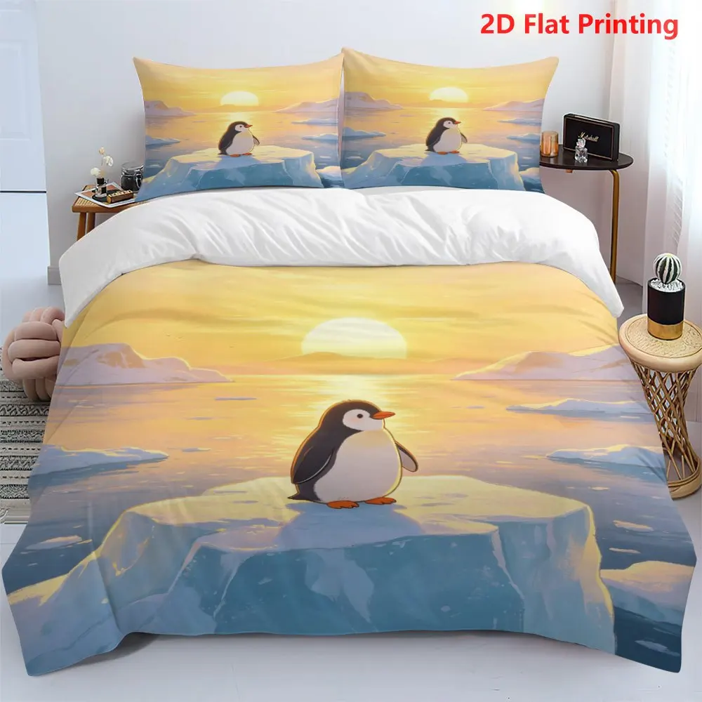 Cute Penguin Duvet Cover Funny Animal Printed Bedding Set For Boys Girls Cartoon Kawaii Polar Animal Pattern Comforter Cover