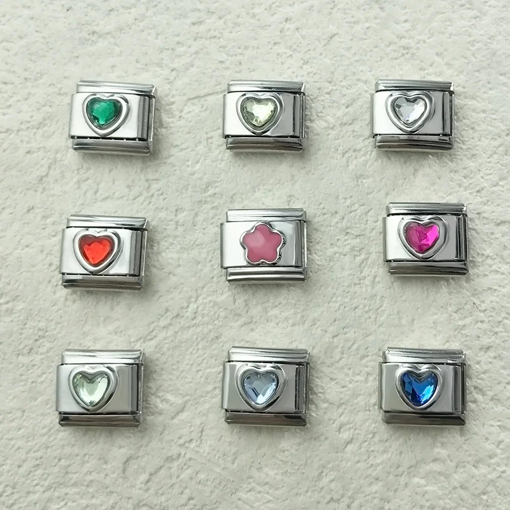 Fashion Tide Women Heart Colorful Zirconia Italian Charm Link Fit 9mm Stainless Steel Bracelets Making DIY Jewelry Gifts