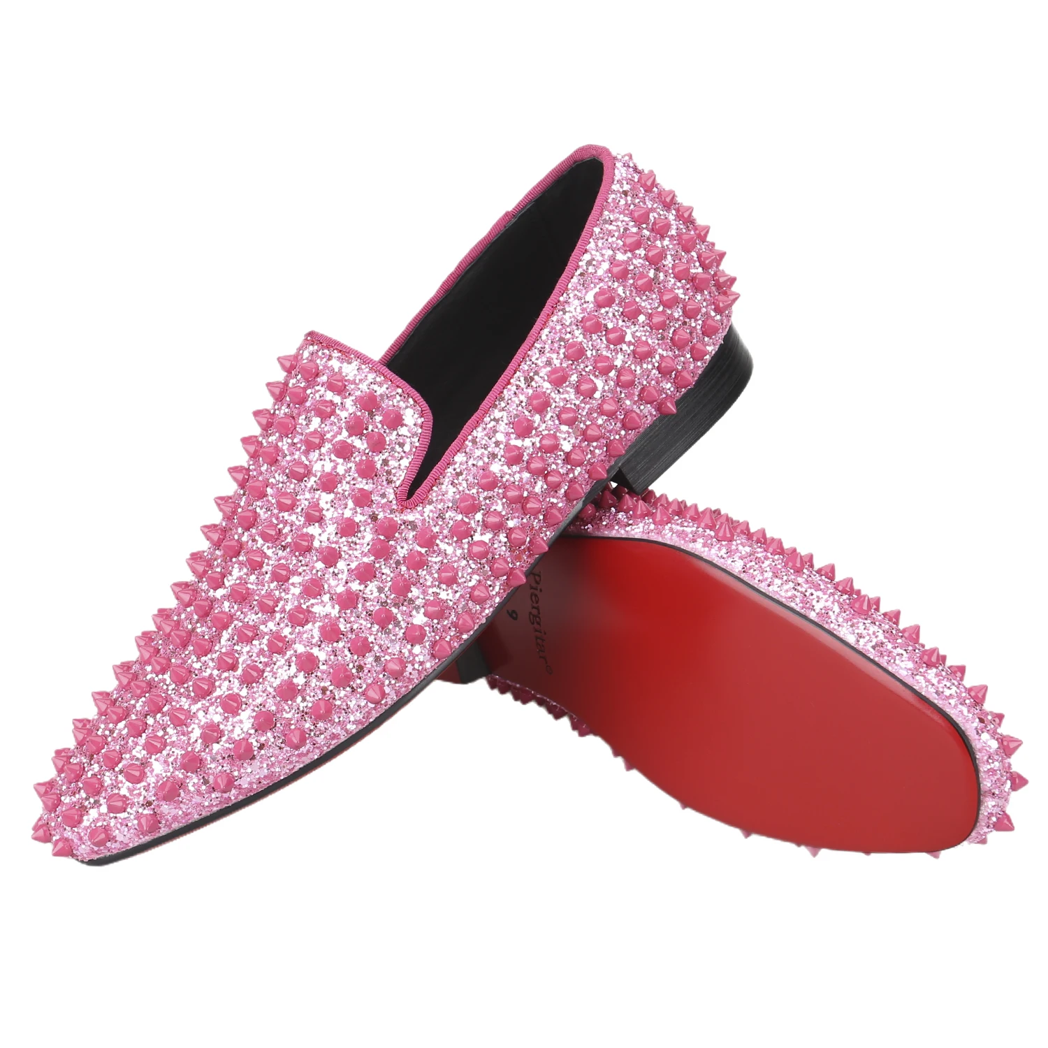 Piergitar New Model Pink Sequined Cloth With Handmade Matching Color Spikes Men's Loafers CL Brand Same Red Outsole Slip-On Flat