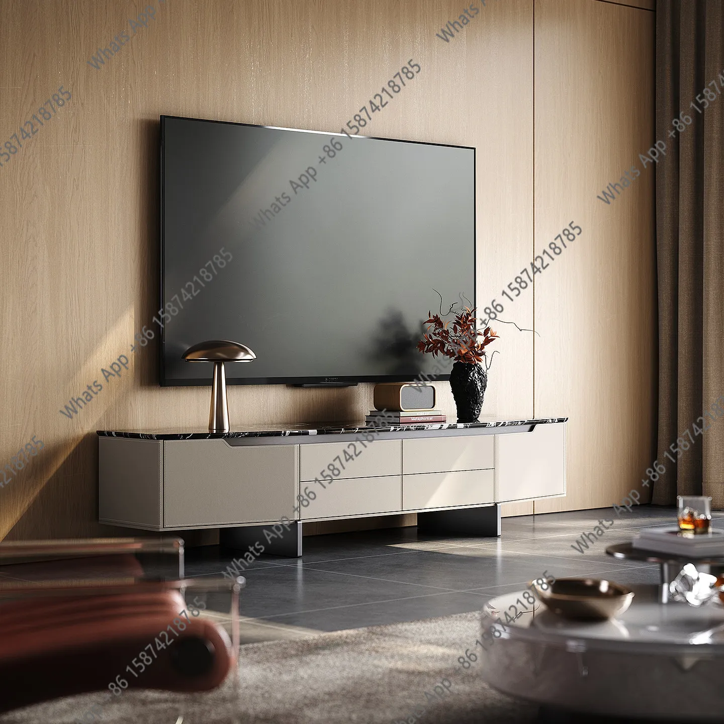 

Italian light luxury high-end TV cabinet living room high foot suspended solid wood locker minimalist TV cabinet combination