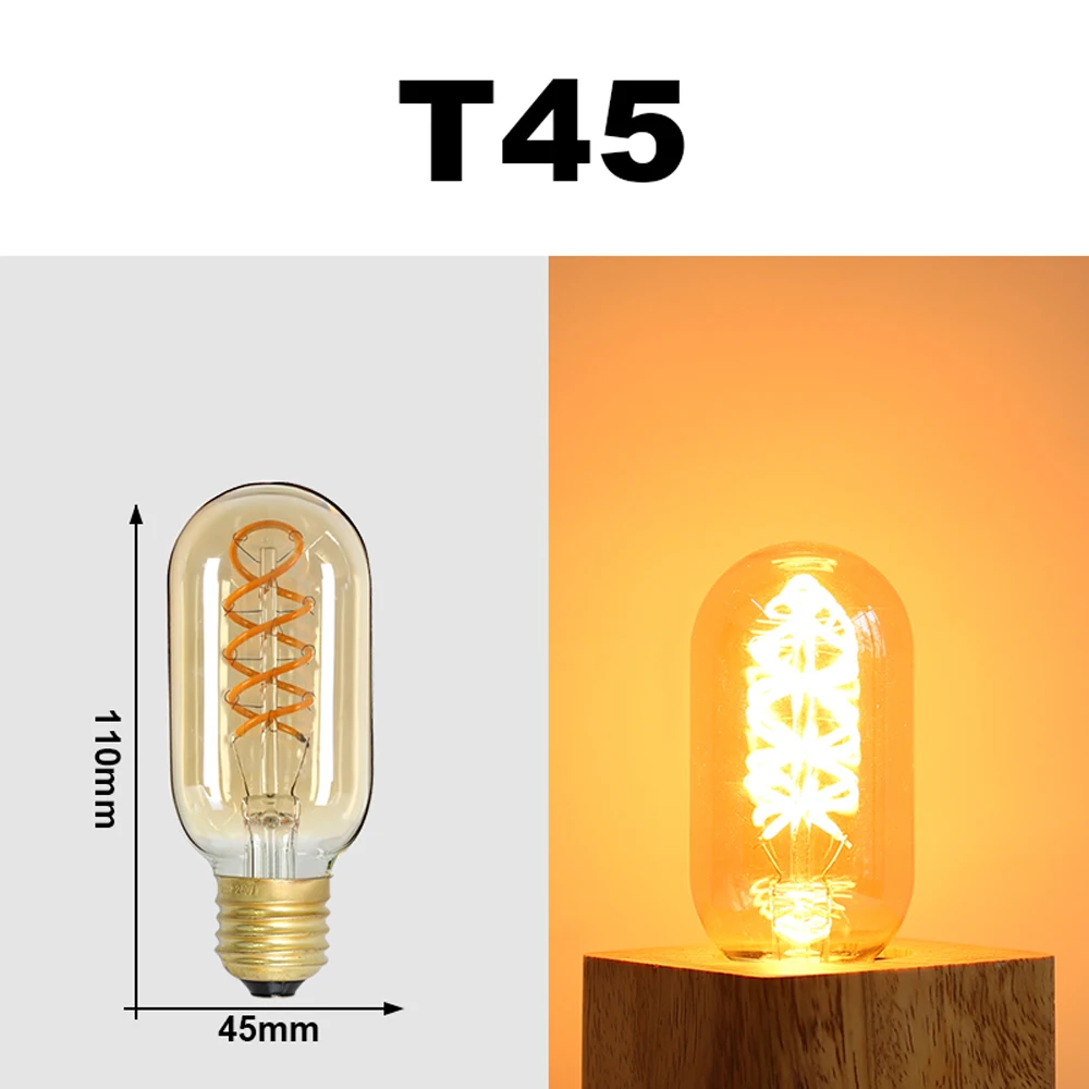 2PCS Retro Edison LED Bulbs T45 Spiral Filament Bulb E27 220V 2300K Warm White Light Amber Glass For Coffee Shops Bars Wall Lamp