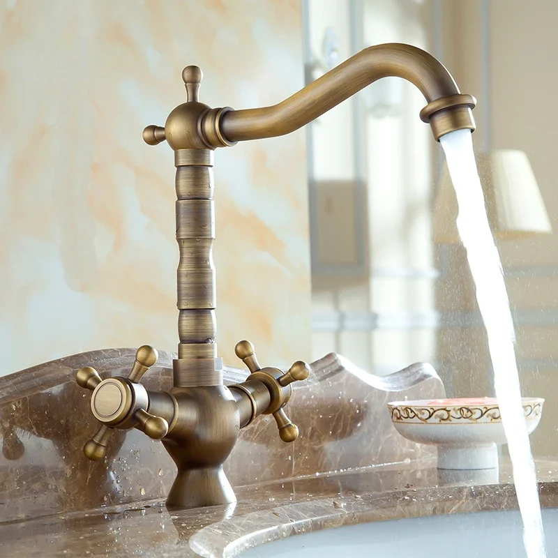 

Dual Handles Basin Faucet Brass Bronze Finished Mixer Taps 360 Rotation Antique Bath Sink Faucet Deck Mounted Water Taps