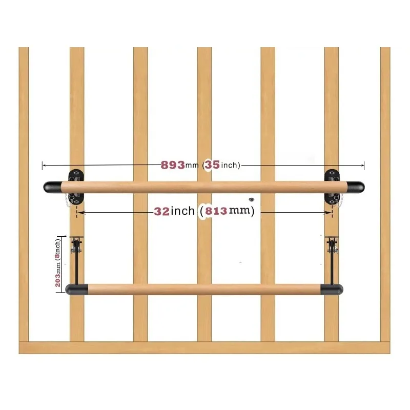 Ballerina Wooden Gym Bar Ballet Bar Wall Mount Ballet Barre Solid Wood Dance Bar with Height Adjustable Metal Brackets
