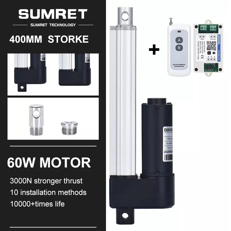 

400mm Stroke Electric Linear Actuator RF Controller Kit WIFI Remote Control DC12V 24V 66MM/S 3000N Motor Heavy Duty Medical Bed