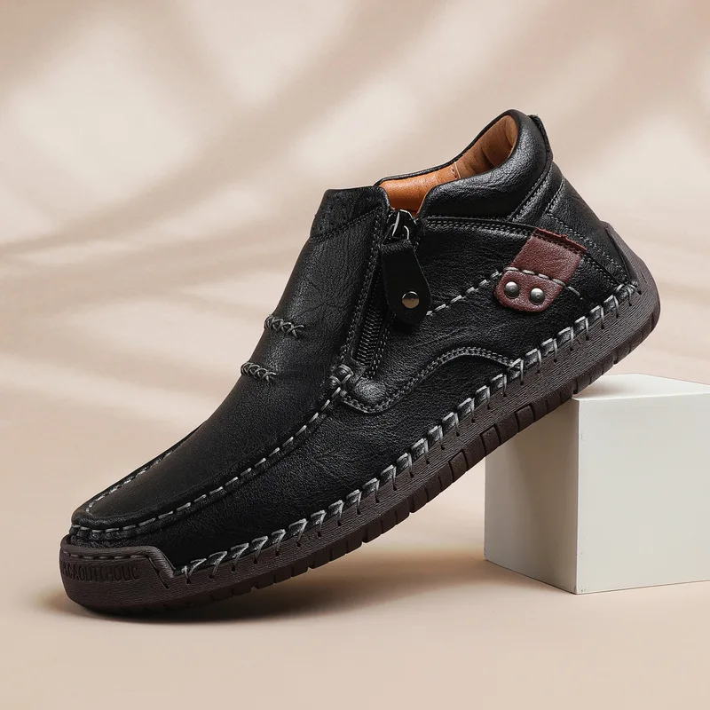 Men Wide Fit Big Size High Top Slip On Loafers Hand Sew Flat Leather Shoes Outdoor Comfort Casual Walking Shoes For Large Feet M