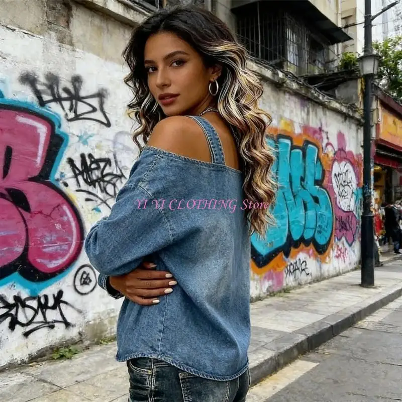 N5KF Trendy Off Shoulder Jeans Shirt With Stretch Fabric And Flattering Detail