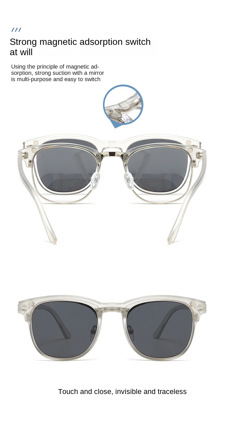 VCKA 6-in-1 Myopie-Polarisierte Sonnenbrille, transparenter grauer Rahmen, für Männer und Frauen, Clip-Magnetbrille, individuelle optische Brille, -0,5 bis -10 – Detail 2