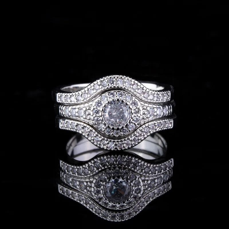 

Кольца с инкрустацией бриллиантами классического дизайна, набор из трех серебряных круглых драгоценных камней 925, легкое роскошное кольцо для пары, свадебные украшения, подарок