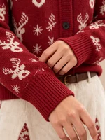Women's Burgundy Red Printed Knitted Cardigan with Christmas Reindeer Gingerbread Man Snowflake Pattern, Round-Neck Long-Sleeved Festive Sweater Cardigan 7