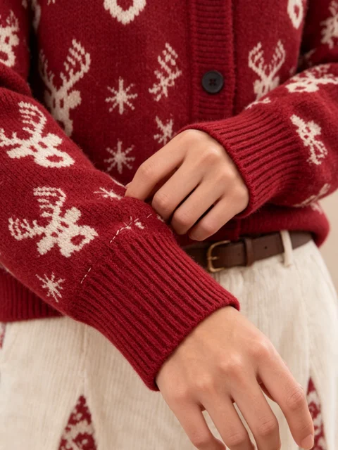 Women's Burgundy Red Printed Knitted Cardigan with Christmas Reindeer Gingerbread Man Snowflake Pattern, Round-Neck Long-Sleeved Festive Sweater Cardigan 7 Women's Burgundy Red Printed Knitted Cardigan with Christmas Reindeer Gingerbread Man Snowflake Pattern, Round-Neck Long-Sleeved Festive Sweater Cardigan 7
