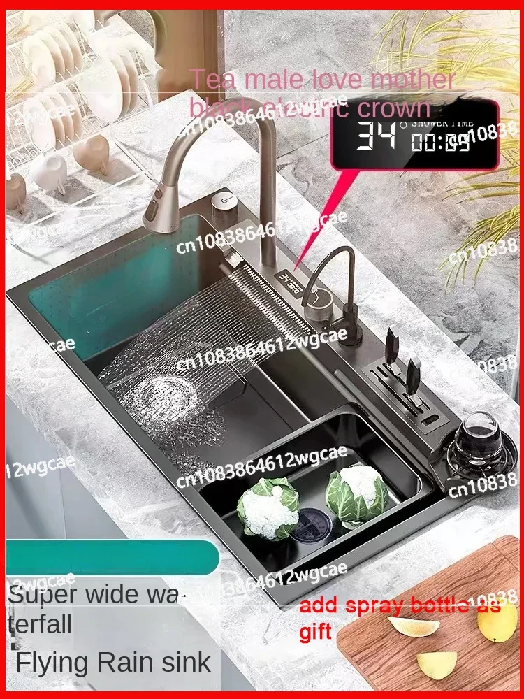 304 Stainless Steel Kitchen Waterfall Sink Digital Display Large Single Sink Dish Basin Sink with Multifunction Touch Waterfall