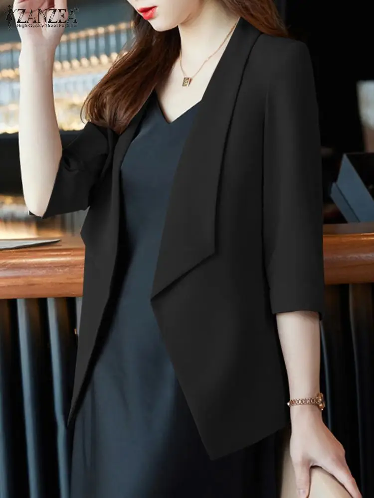 ZANZEA Elegant Women OL Work Blazer Spring Lapel Neck 3/4 Sleeve Suits Jackets Fashion Solid Office Wear Open Front Cardigan