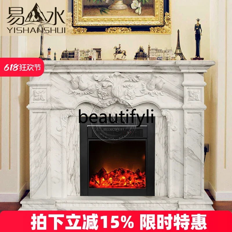 

ssK178 Natural marble beige stone fireplace European stone carving fireplace rack carved decorative cabinet TV customization