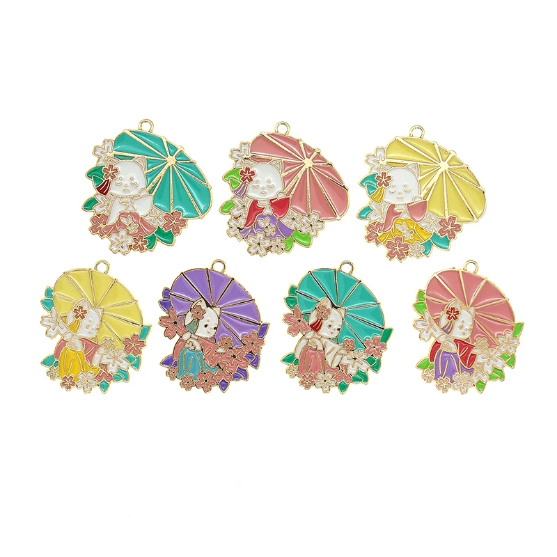 10pcs/lot Classical Chinese Cat Ms Enamel Flower Umbrella Charms Pendant For DIY Jewelry Necklace Earrings Making Finding New