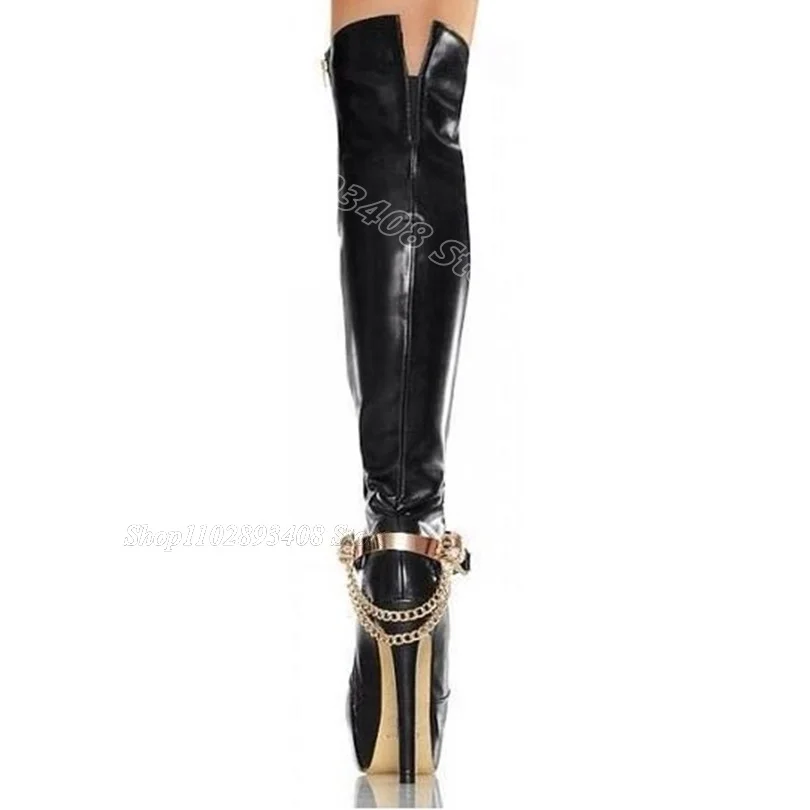 Black Chain Decor Leather Women Boots Round Toe Side Zipper British Style New Fashion Over Knee Boots 2024 Zapatos Para Mujere