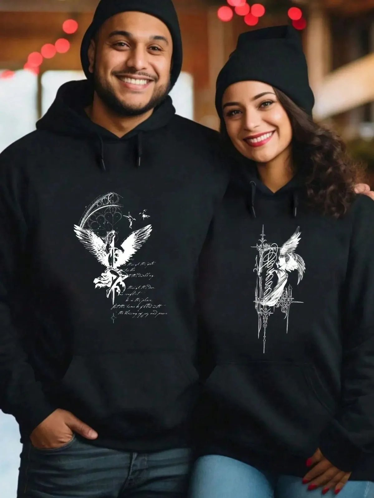 

1 шт. [парный стиль] повседневная мода с крыльями и мечом с принтом, одинаковые пары, удобные свободные топы с капюшоном в подарок на день Святого Валентина