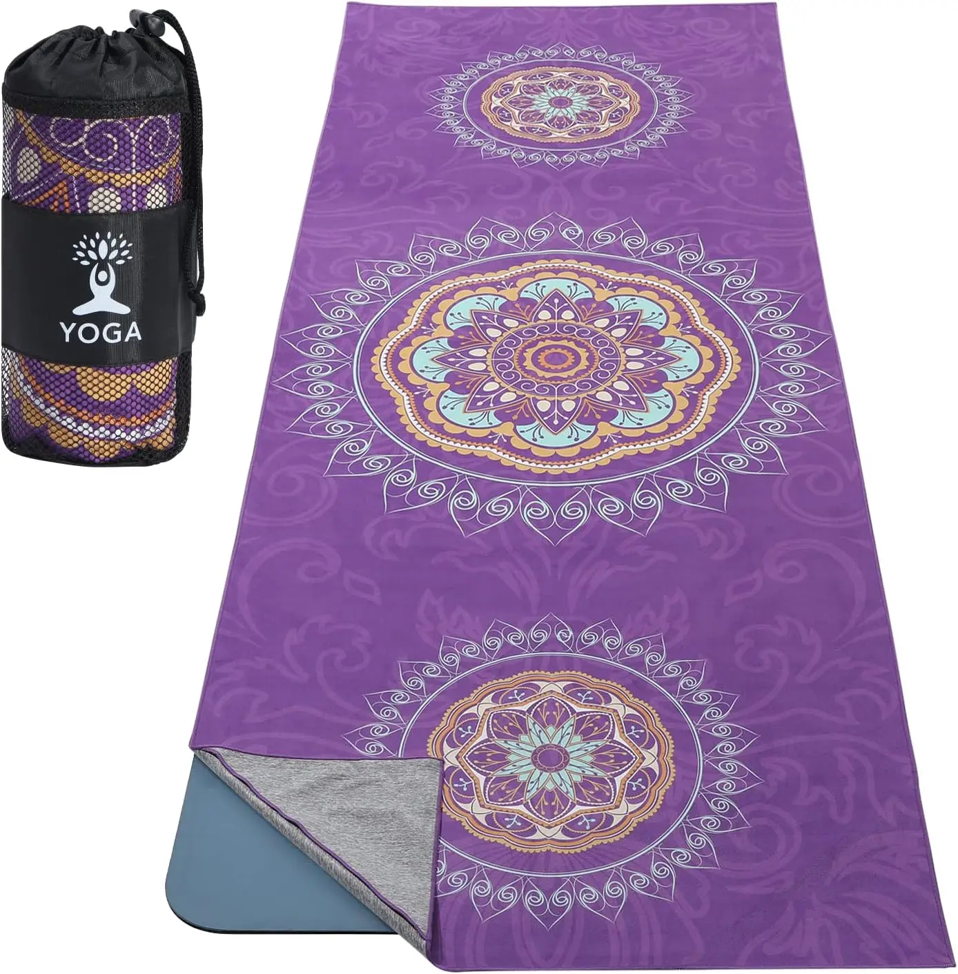 

Нескользящее полотенце для йоги с быстрым высыханием и угловым карманом, с фиолетовым узором мандалы, для горячей йоги, пилатеса, занятий в спортзале