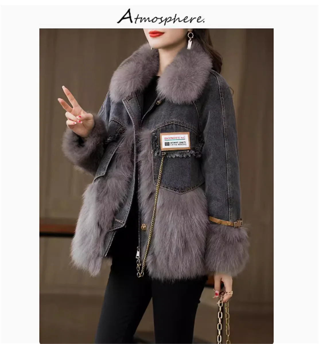 Parker's new winter fox fur denim jacket for women, short style imitation down jacket, Haining fur S recommends weighing less th