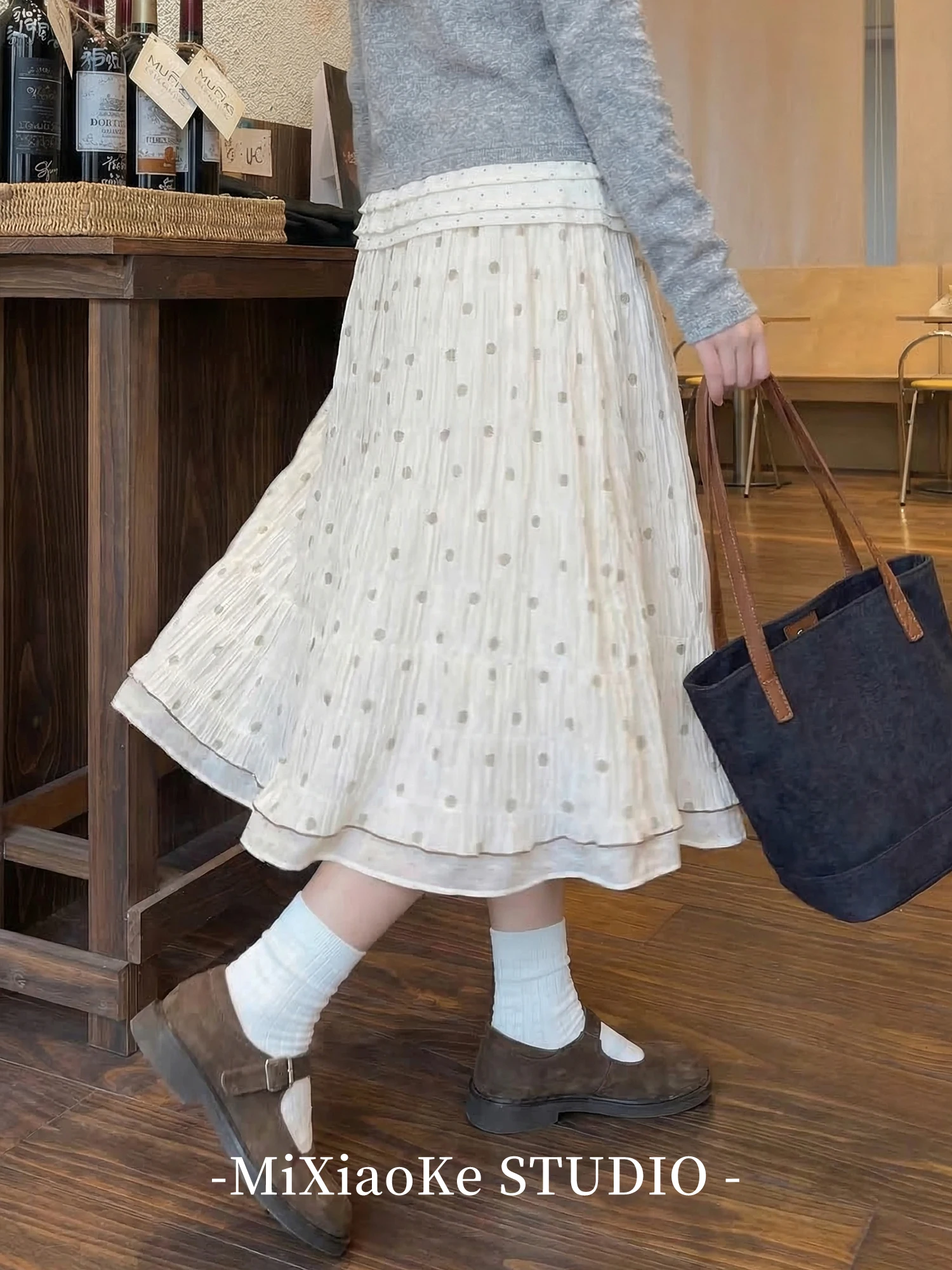 

Новая весенняя женская юбка А-силуэта в горошек с завышенной талией, стройнящая, средней длины, для офиса, из мягкой ткани