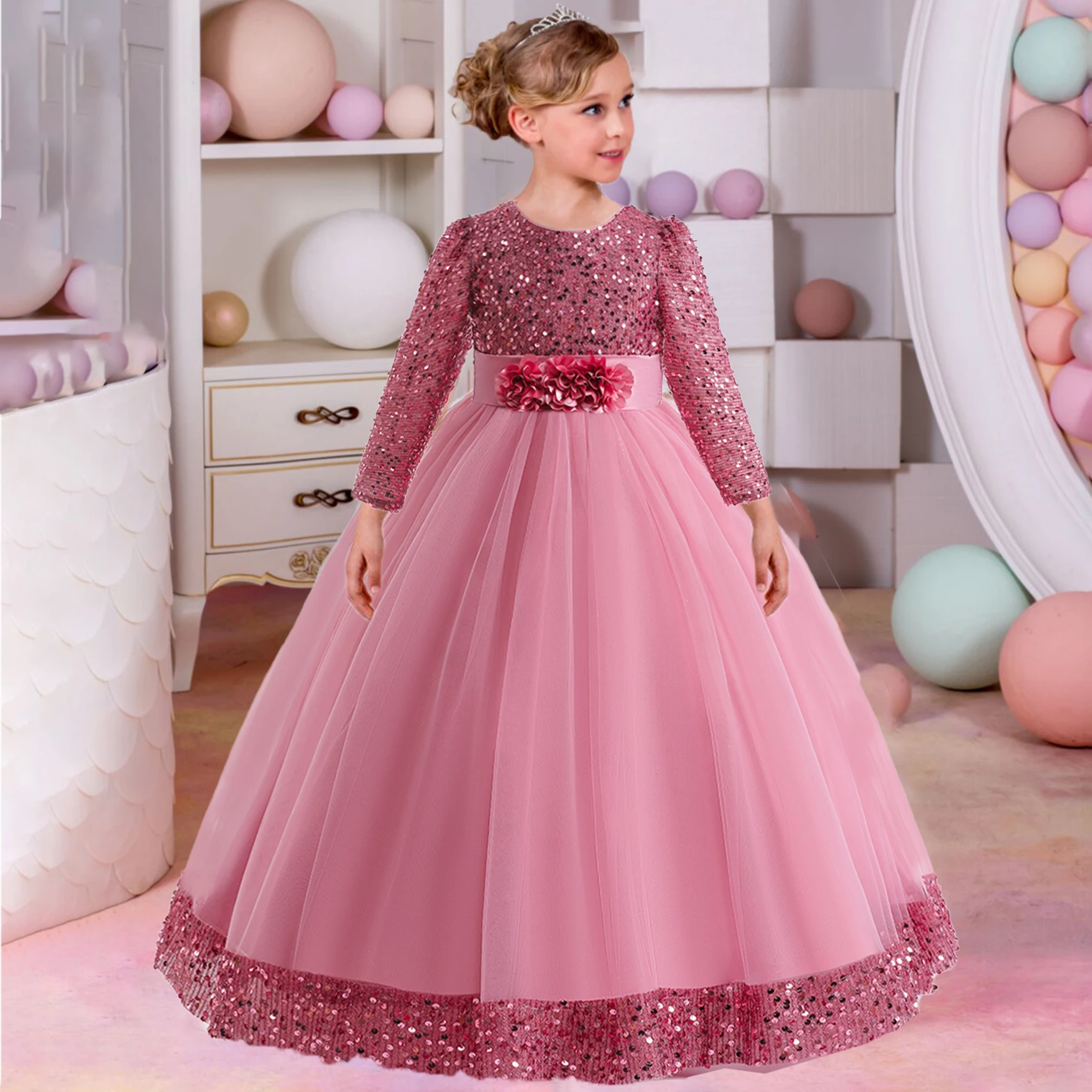 

Long Sleeve Bridesmaid Girls Party Dress Red Christmas Costume Elegant Flower Sequin Wedding Princess Gown Birthday Kids Clothes