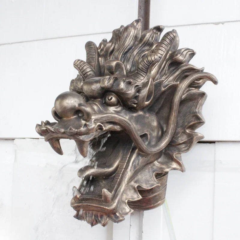 Chinese Animal Golden Dragon Head Wall Pendant Restaurant Landscape FRP Water Spray Sculpture