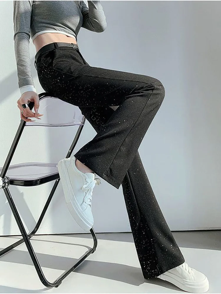 グリッターハイウエストスーツパンツ レディース カジュアル ワイドレッグ ブーツカットパンツ 韓国ファッション ストレートボタンパンツ カルカス