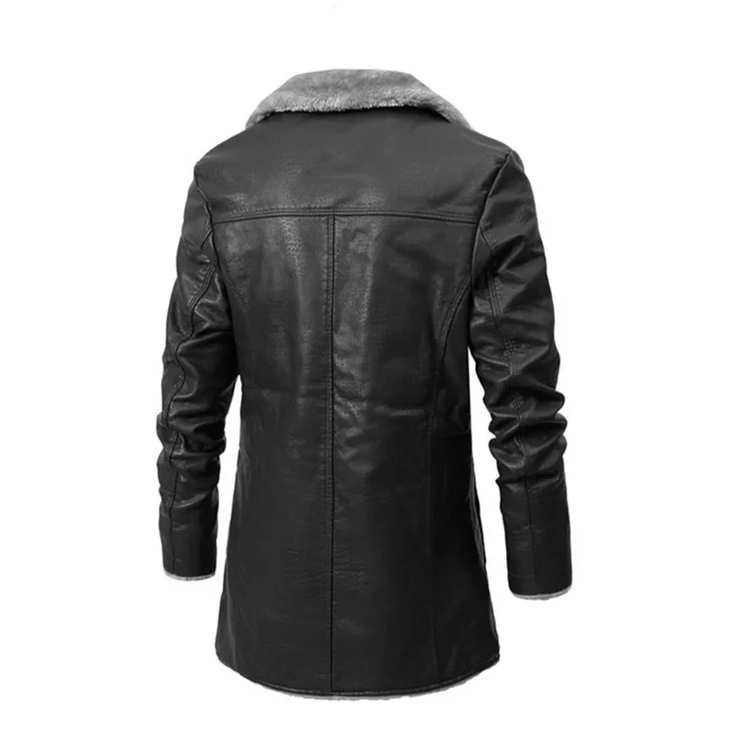 2023 Men Winter Long Thick Fleece PU Leather Jacket New Winter Fashion Suit Collar Men\'s Windbreaker Leather Jacket Coats