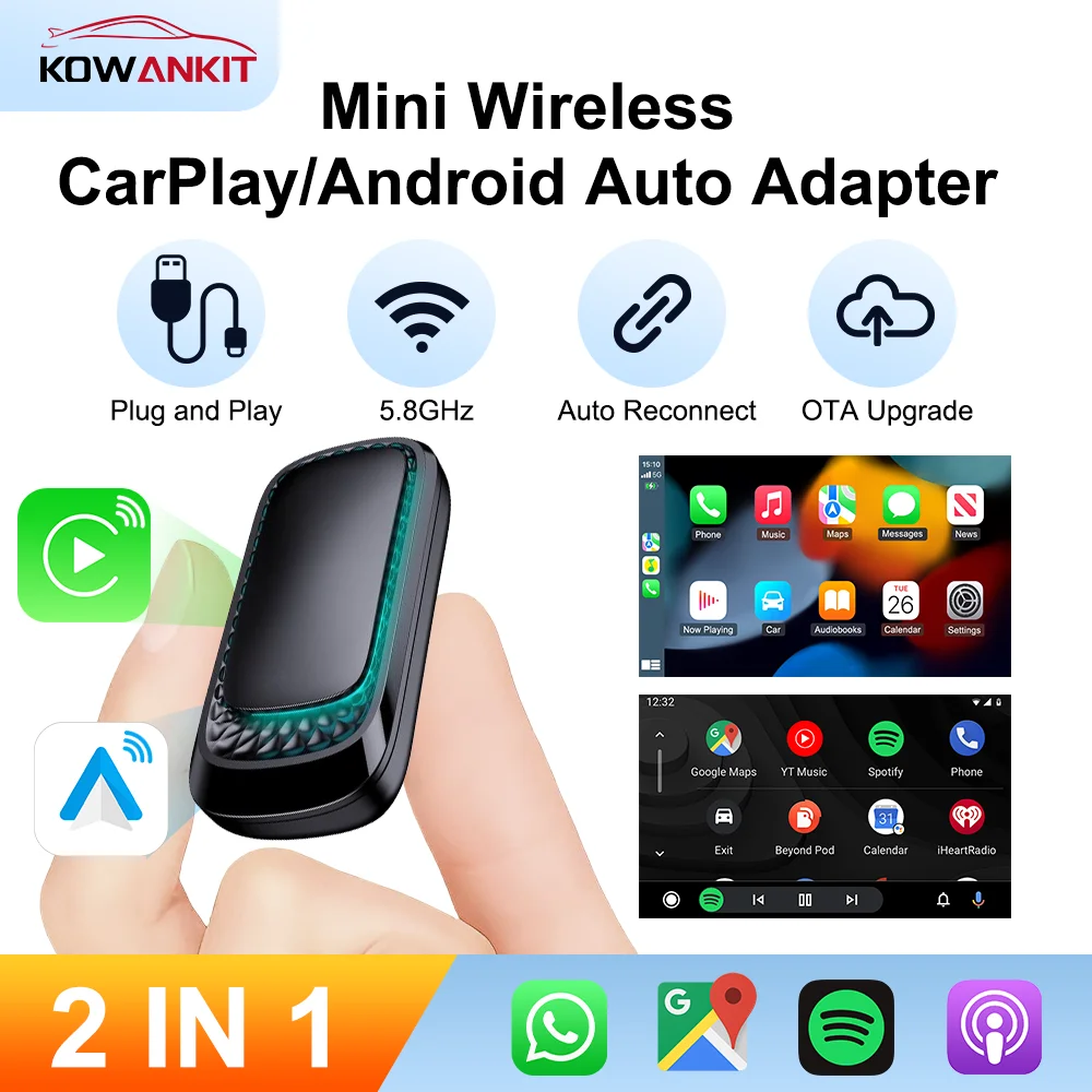 

2 in 1 Wireless CarPlay Dongle Android Auto wireless Adapter Plug & Play Smart Mini AI Box Car for Bluetooth KowanKit 2026