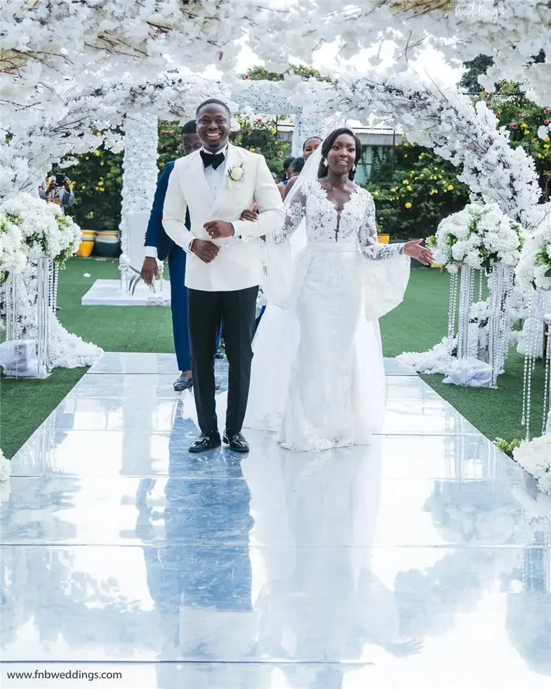 Vestido de casamento bainha africano personalizado com trem destacável elegante mangas alargadas apliques de renda vestidos de noiva