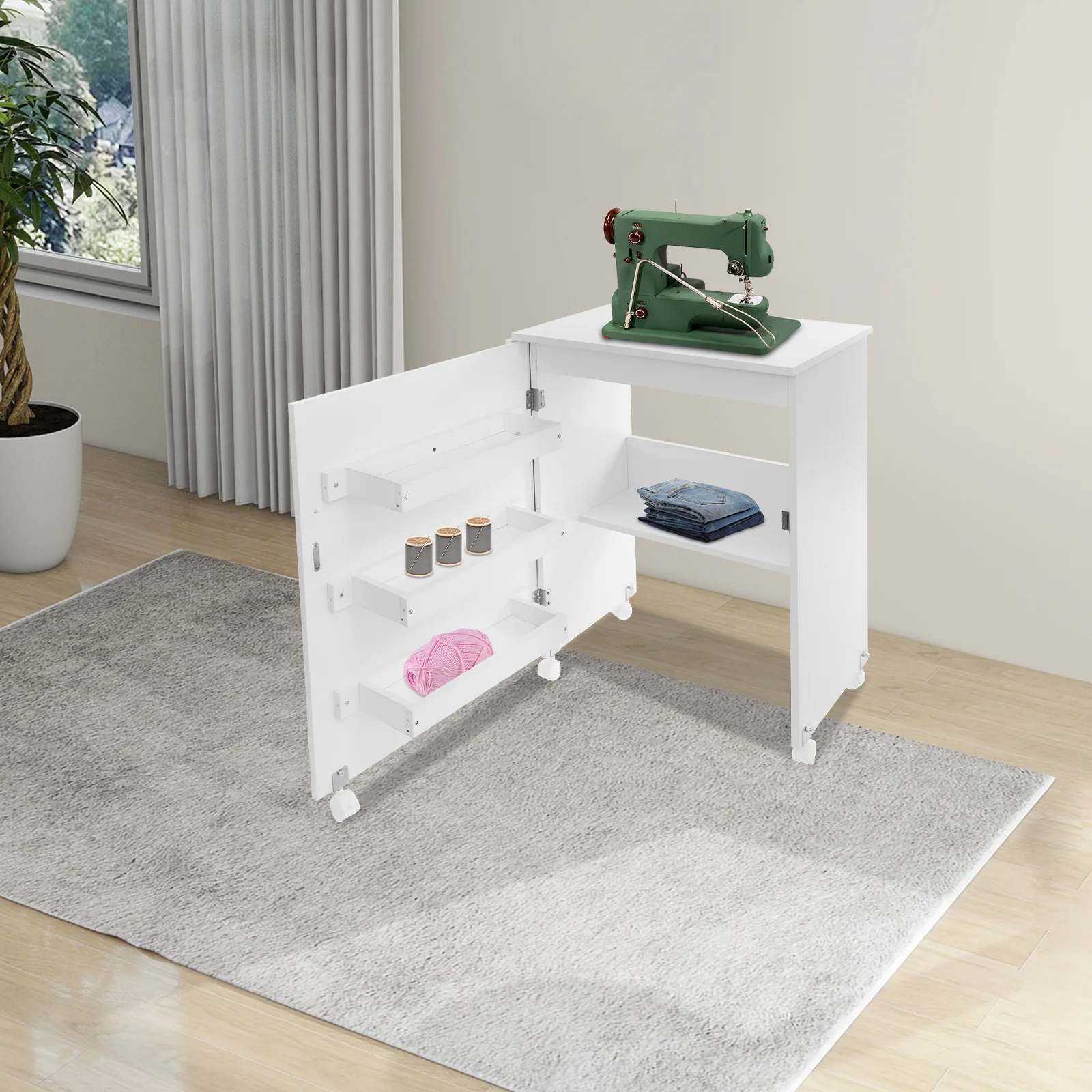 Tavolo da cucito pieghevole Scrivania per macchina da cucire con ripiano portaoggetti Tavolo da cucito con ruote per camere da letto/sala studio