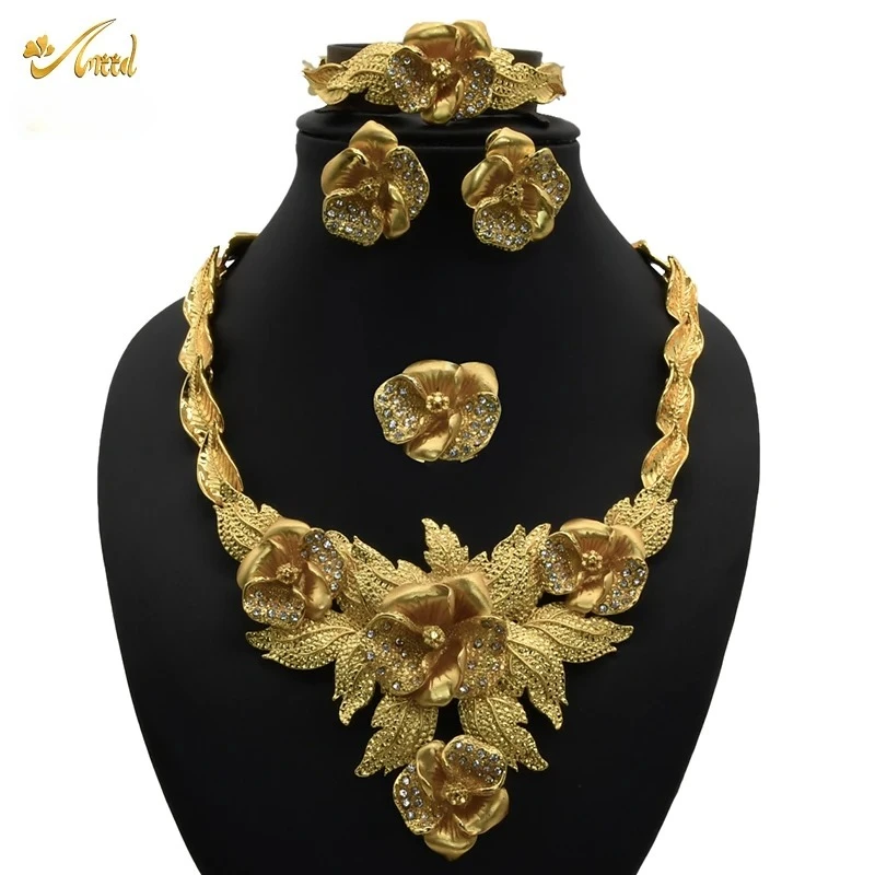 ANIID African Jewelery Sets Flower Earrings Choker Necklace Bracelet Hawaiian Indian Dubai Golden Jewelry For Women Accessories