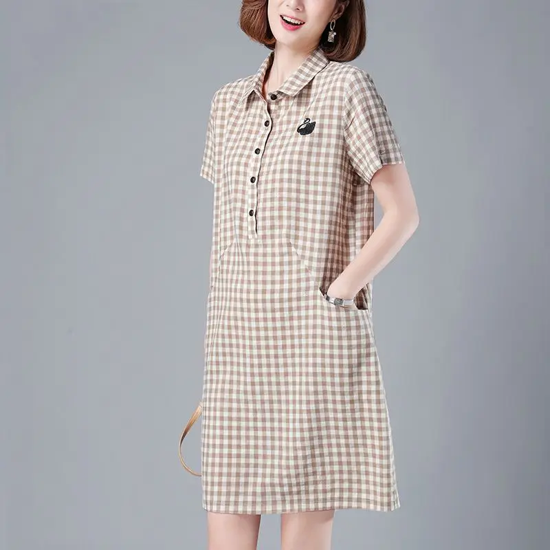 Summer Plaid Button Pullover Embroidery Solid Color Pockets Women\'s Clothing Loose Casual Turn-down Collar Knee Skirts Dresses