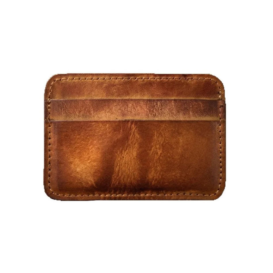 Custom Name Genuine Leather Card Holder Vegetable Tanned Cowhide Slim Wallet Personalized Minimalist Credit Card Case