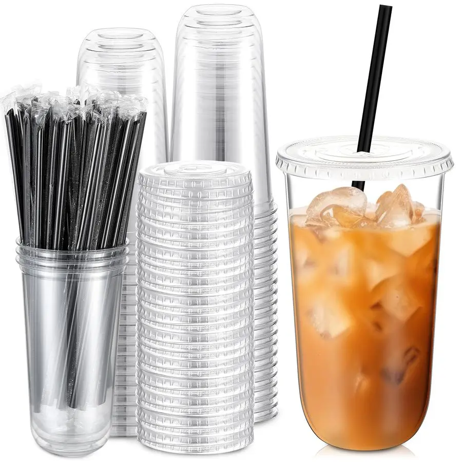 

Set 20 oz Clear Plastic Cups with Lids and Straws, Disposable Iced Coffee PET Cups for Drinking Cold Beverage Juice Parfait Smoo