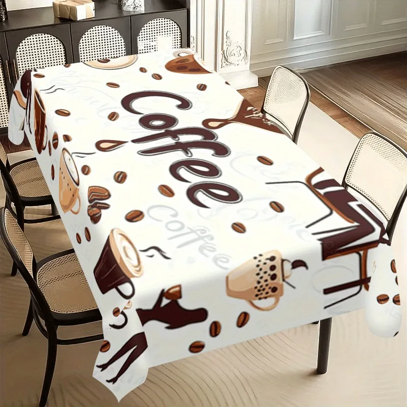 One white coffee-themed tablecloth with vintage coffee beans and cups pattern, made of polyester fiber.