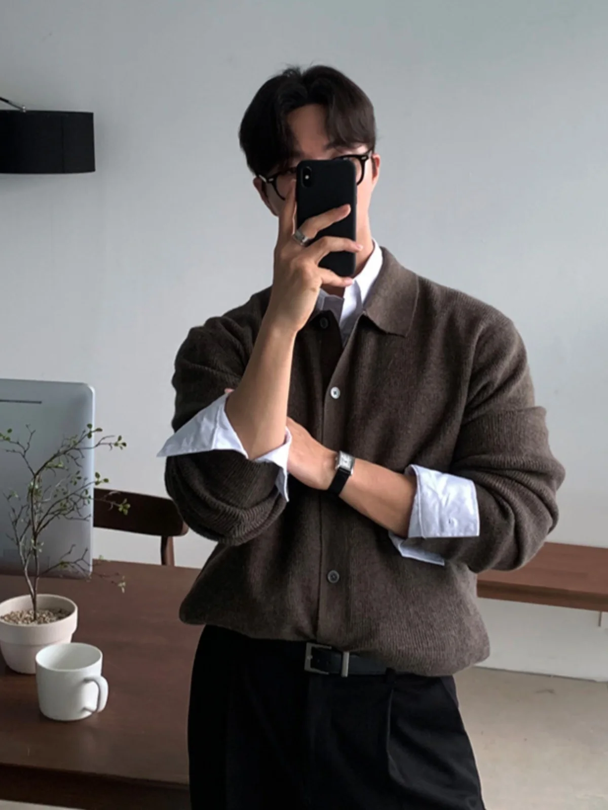 

Мужской вязаный кардиган Dongda Gate Pure Color с воротником, осенний, повседневный, свободного кроя, с открытым передом, с длинными рукавами