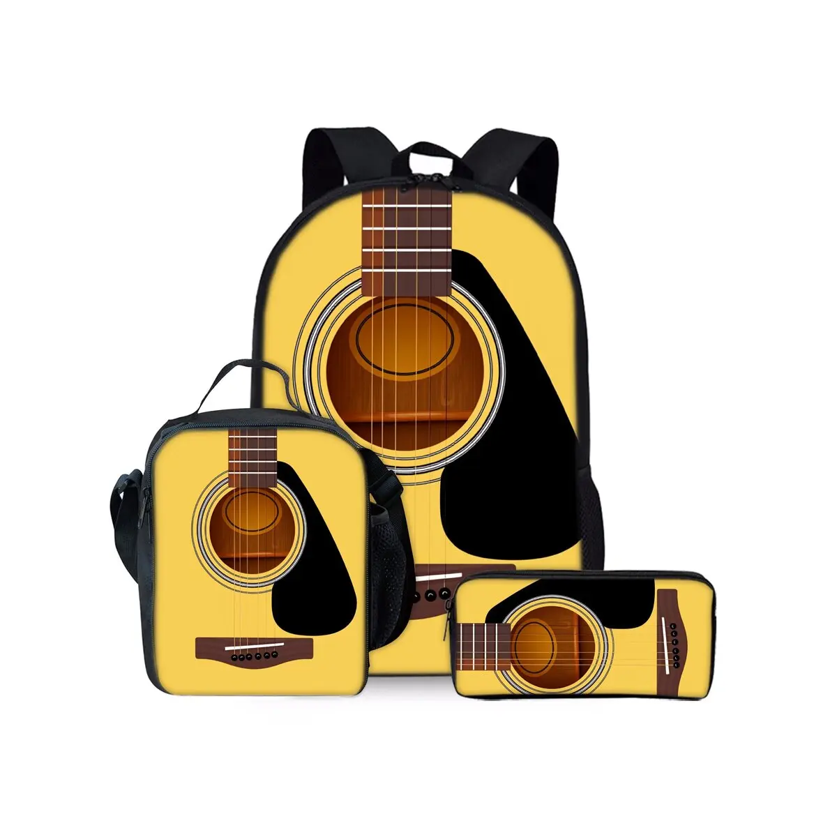 

Рюкзаки с принтом гитары, комплект из трех предметов, для мальчиков и девочек, лучшие подарки, 2D плоский мультяшный школьный рюкзак для детей