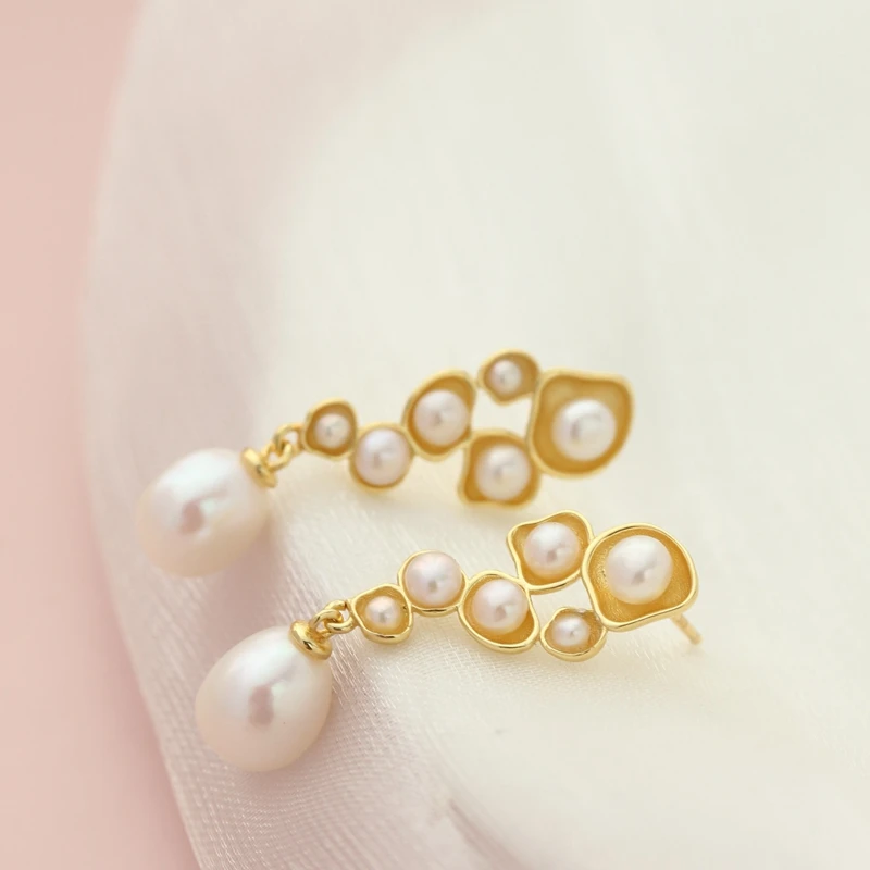 Handmade Creative 18K Gold Plated Trendy Earring Inlaid Natural Baroque Pearl Women 925 Sterling Silver Earrings Jewelry Gift