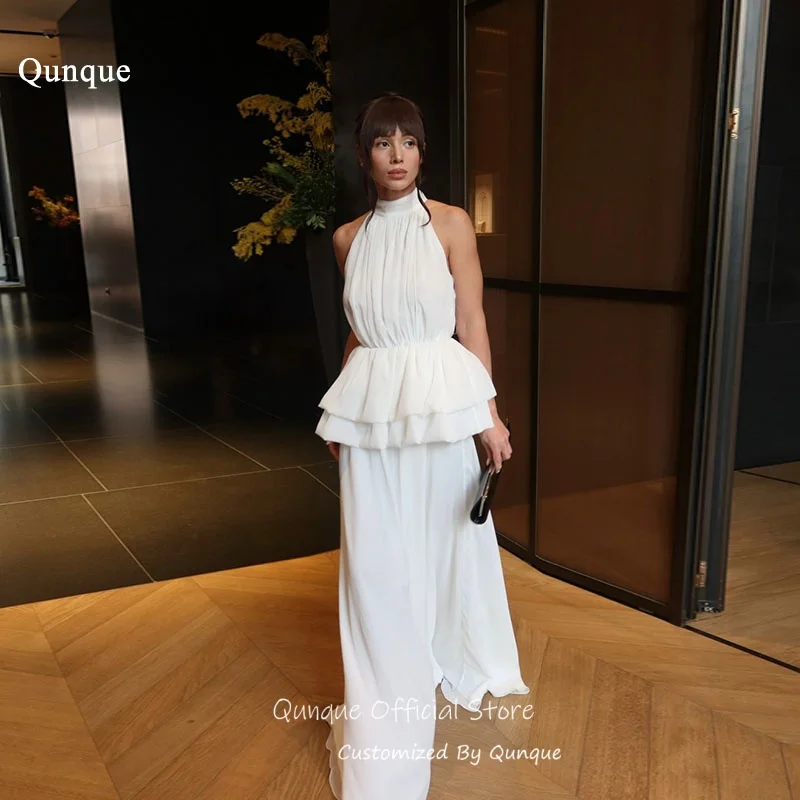 

Qunque Halter Neck A Line Chiffon Evening Dresses Ruched Celebrity Dress Dreamy Sleeveless Bridal Robes De Soirée Customized