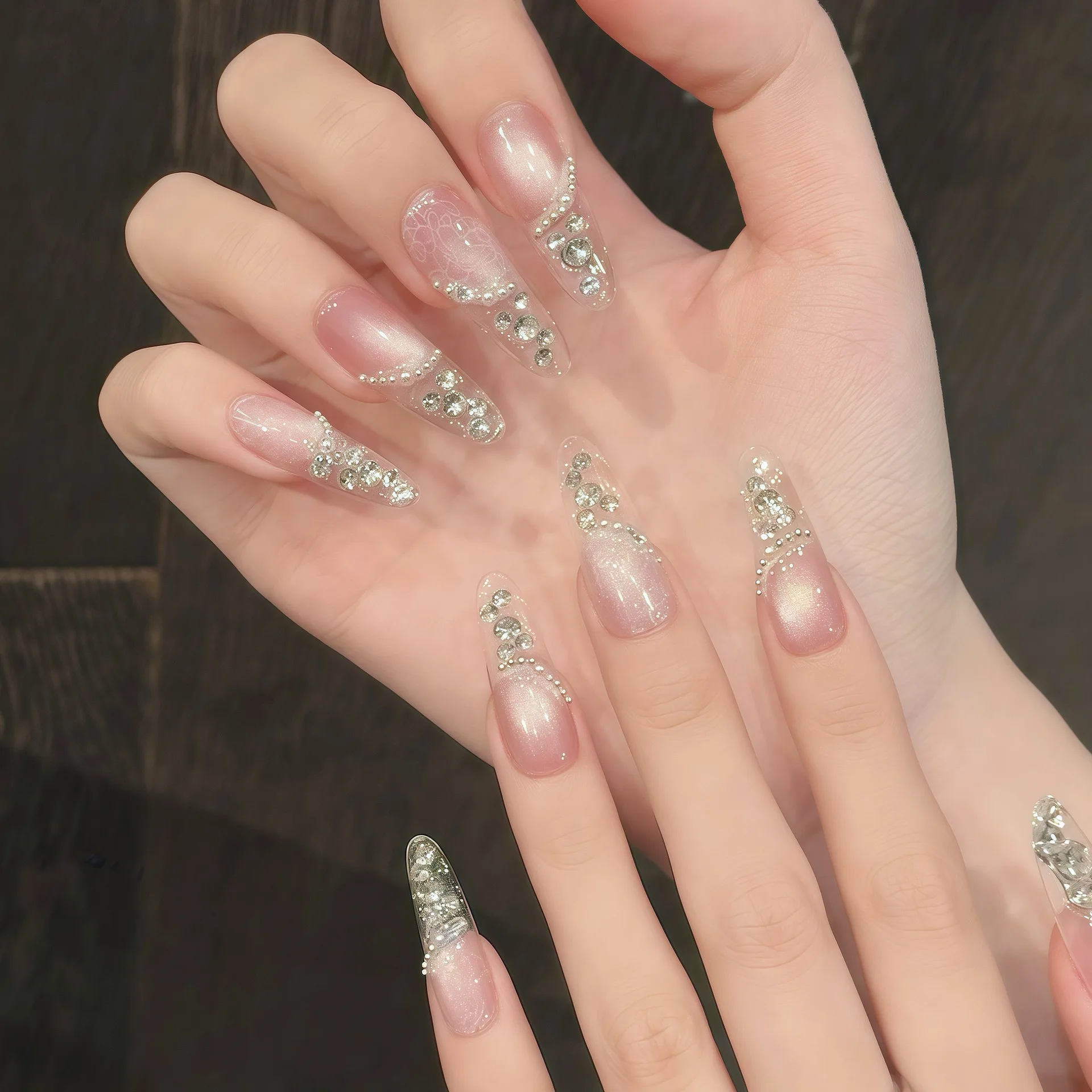 10 pçs de luxo artesanal imprensa em unhas longo oval nu rosa olho de gato design com ferramenta de 3 peças abas adesivas de cola de unhas